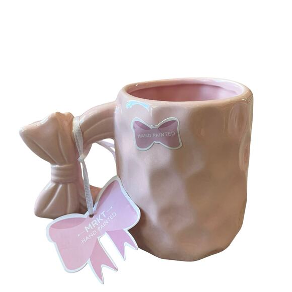 Market Finds Hand Painted Pink Bow Handle Ceramic Coffee Tea Mug Set of 2 NEW - Picture 3 of 13